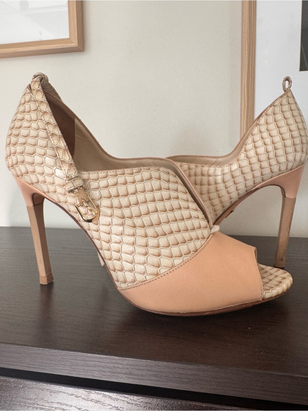 Textured Beige Peep-Toe High Heels